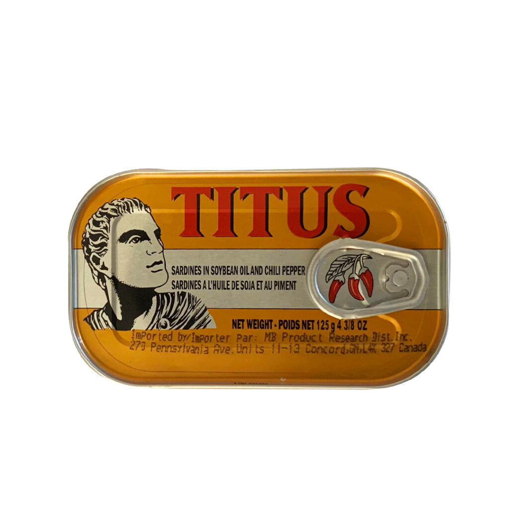 Titus. Sardines à l’huile de soja et au piment 125g Épicerie